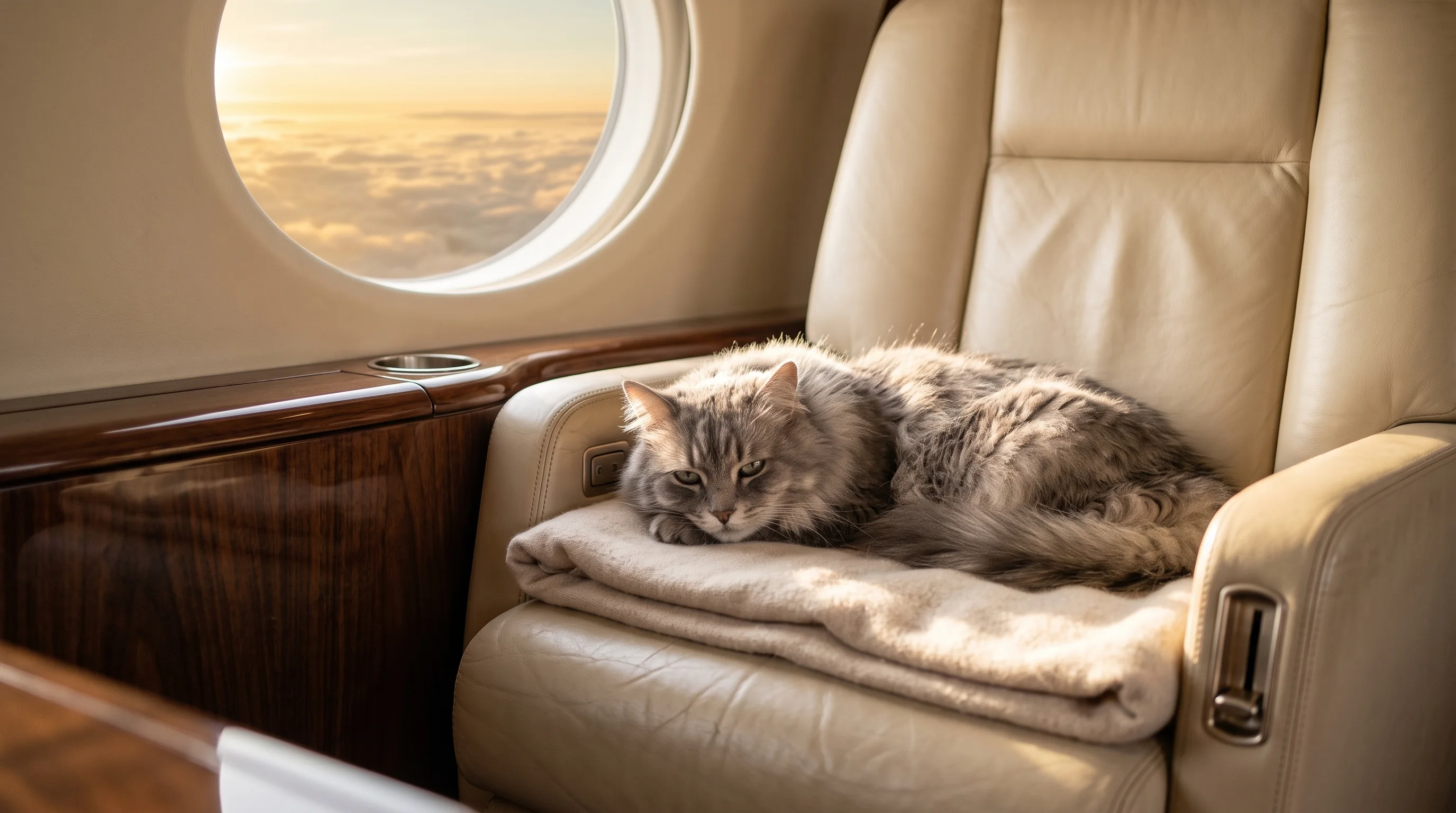 Chat endormi sur un fauteuil en cuir dans la cabine d'un jet