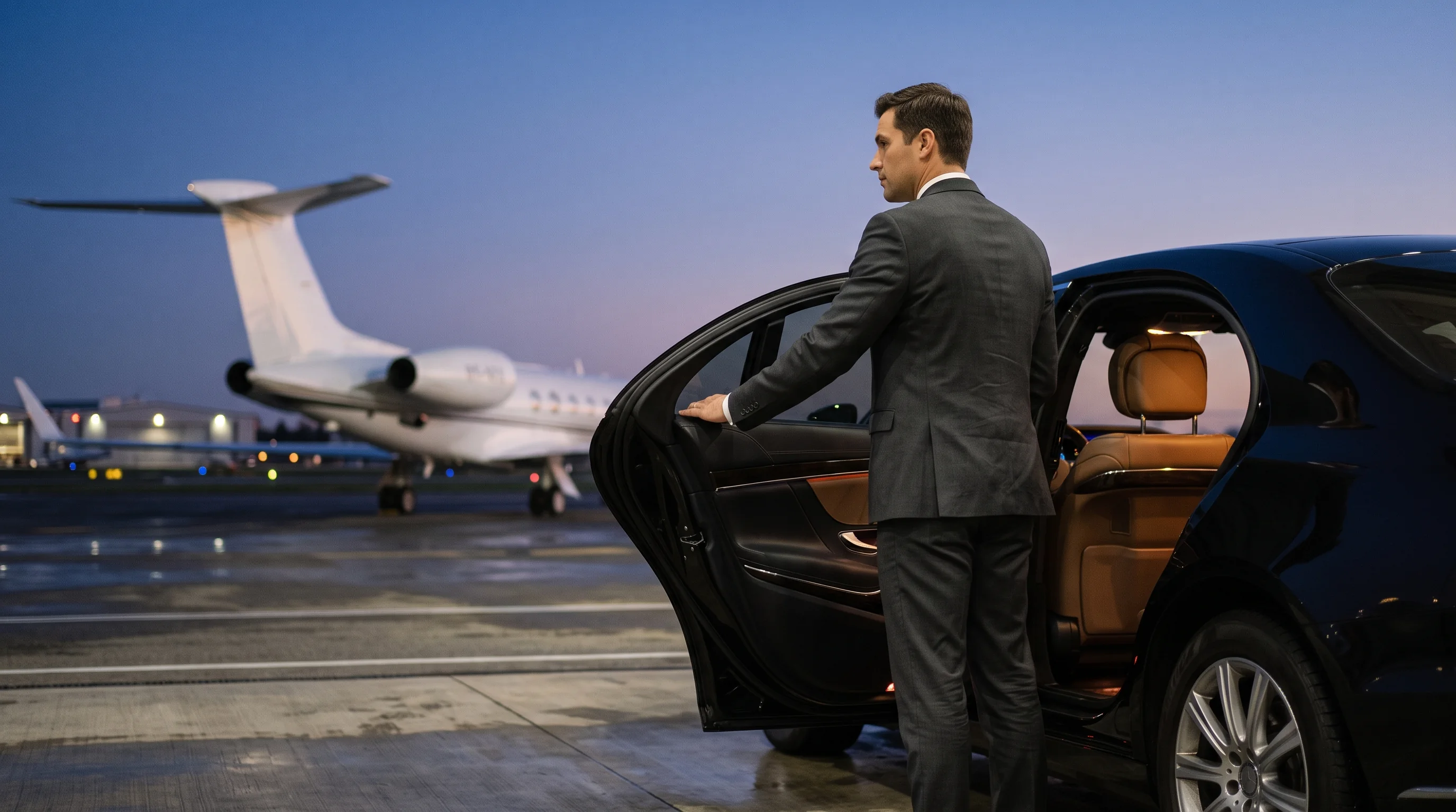 Chauffeur ouvrant la portière d'une berline au pied d'un jet