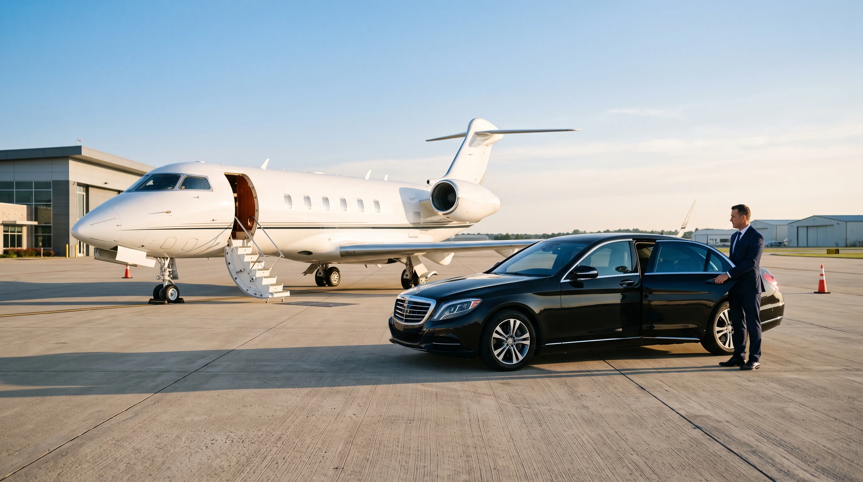 Berline avec chauffeur au pied d'un jet privé