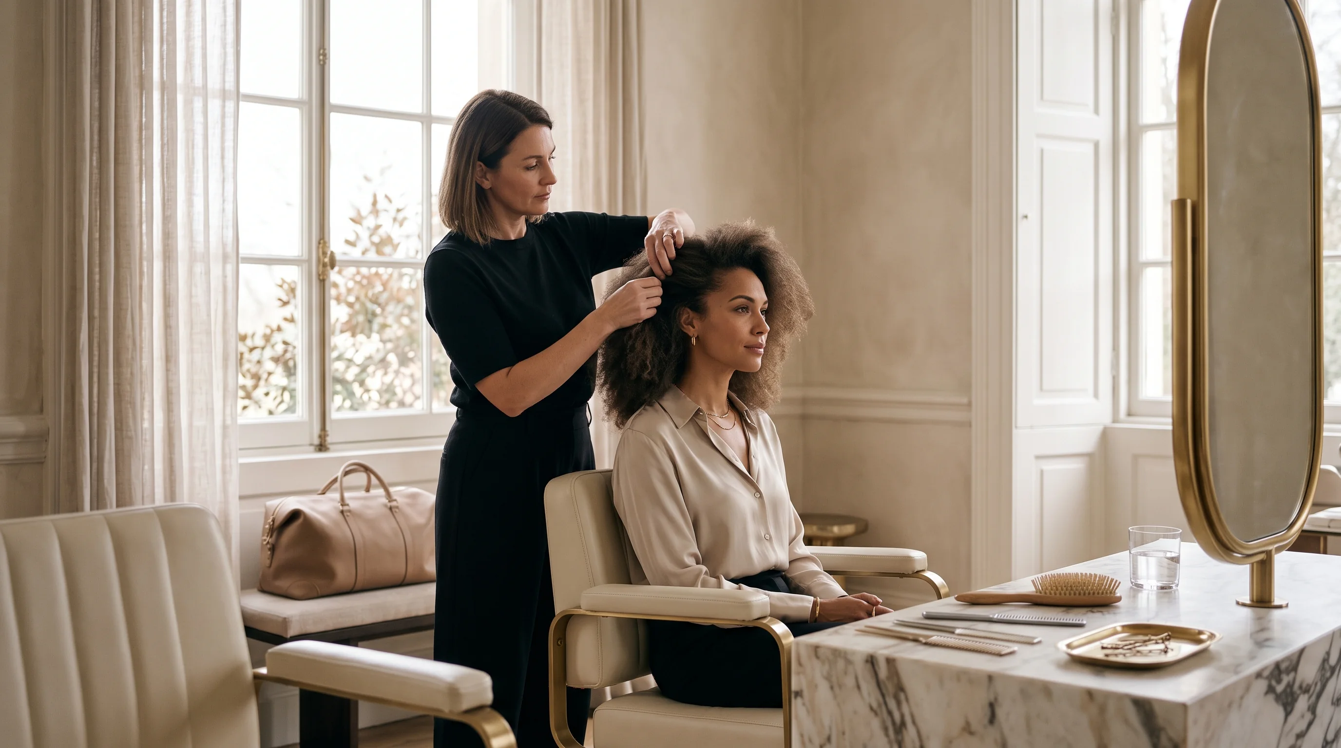 Coiffeuse préparant une cliente dans un salon privé