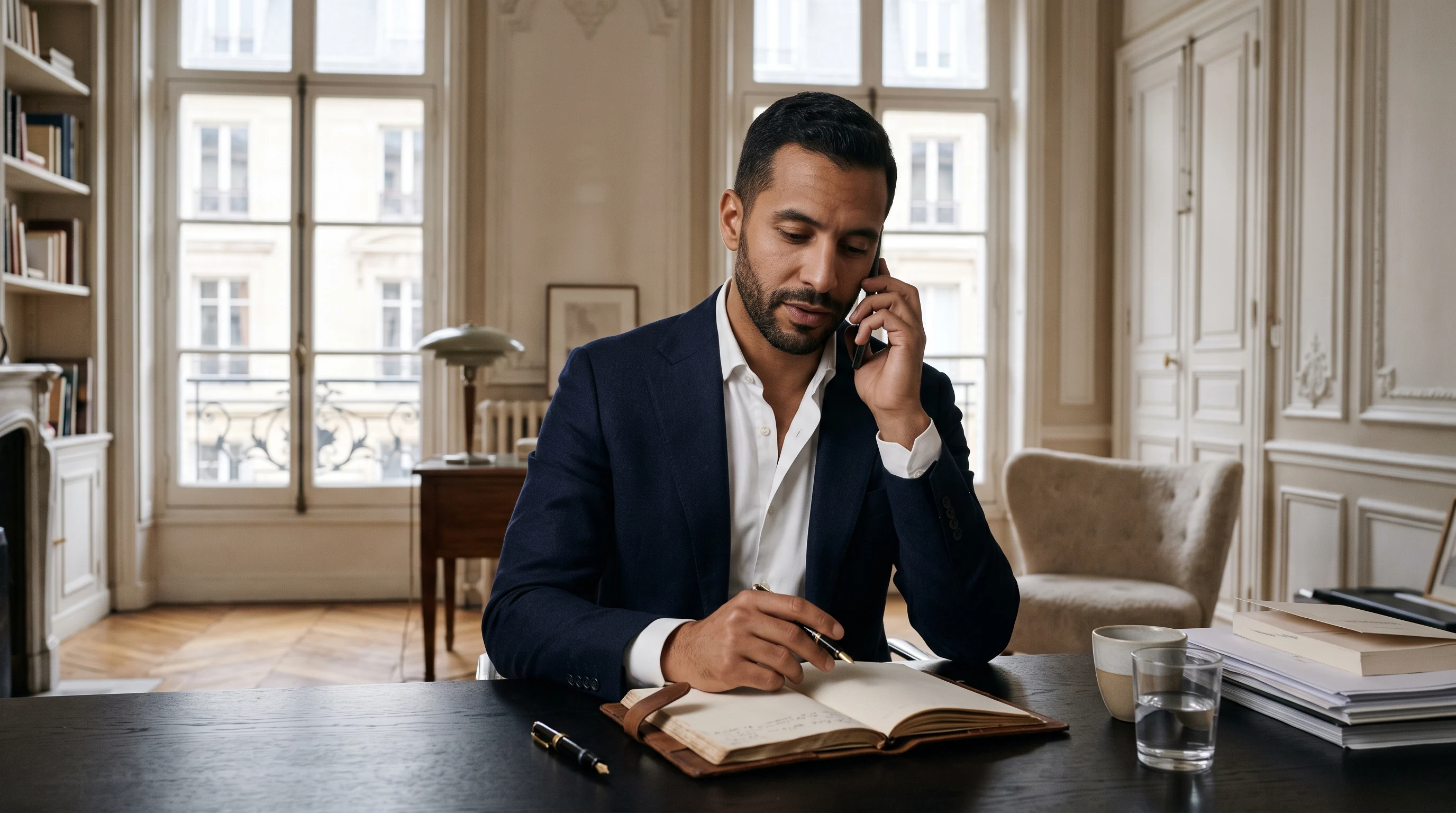 Conseiller attitré au téléphone dans un bureau parisien