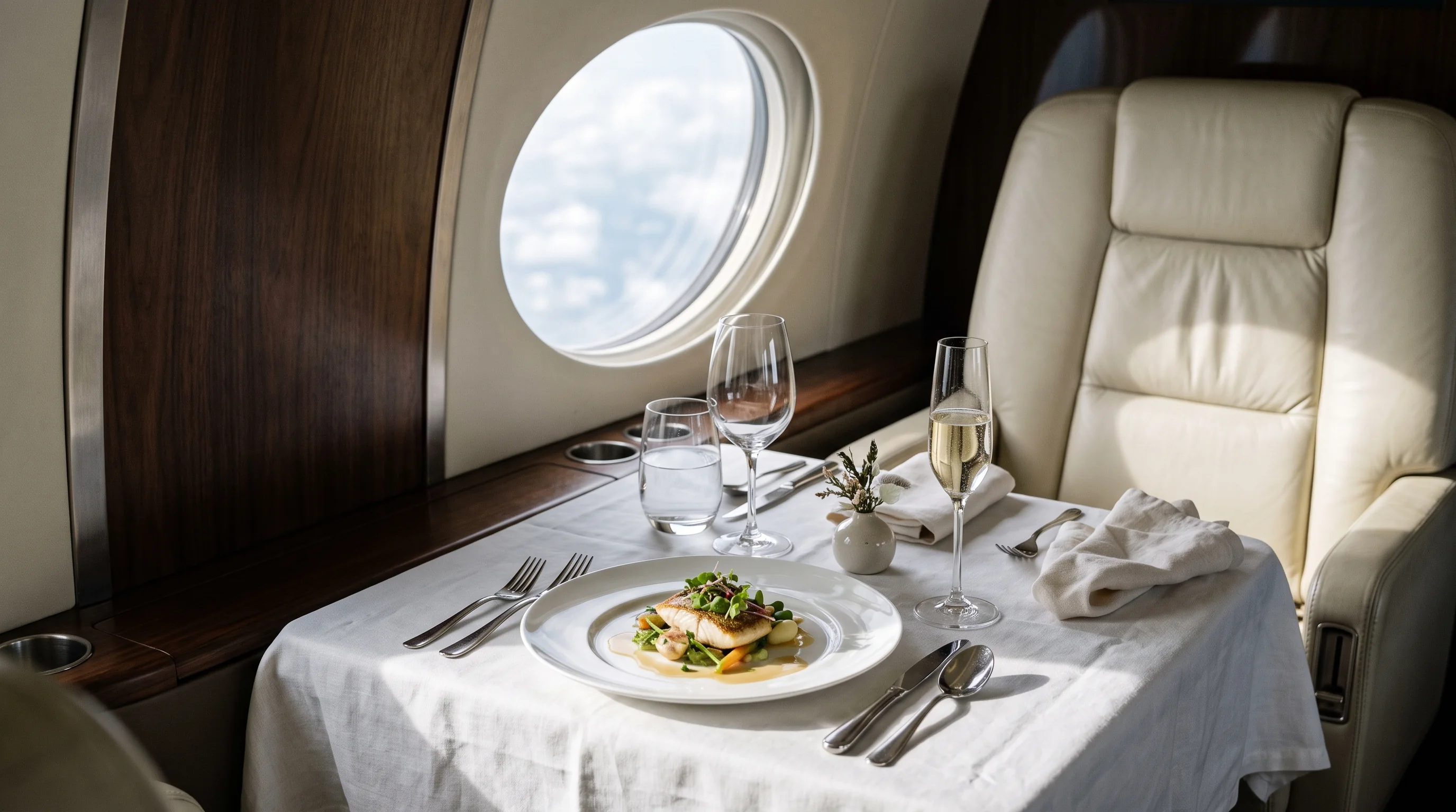 Table dressée à bord d'un jet privé