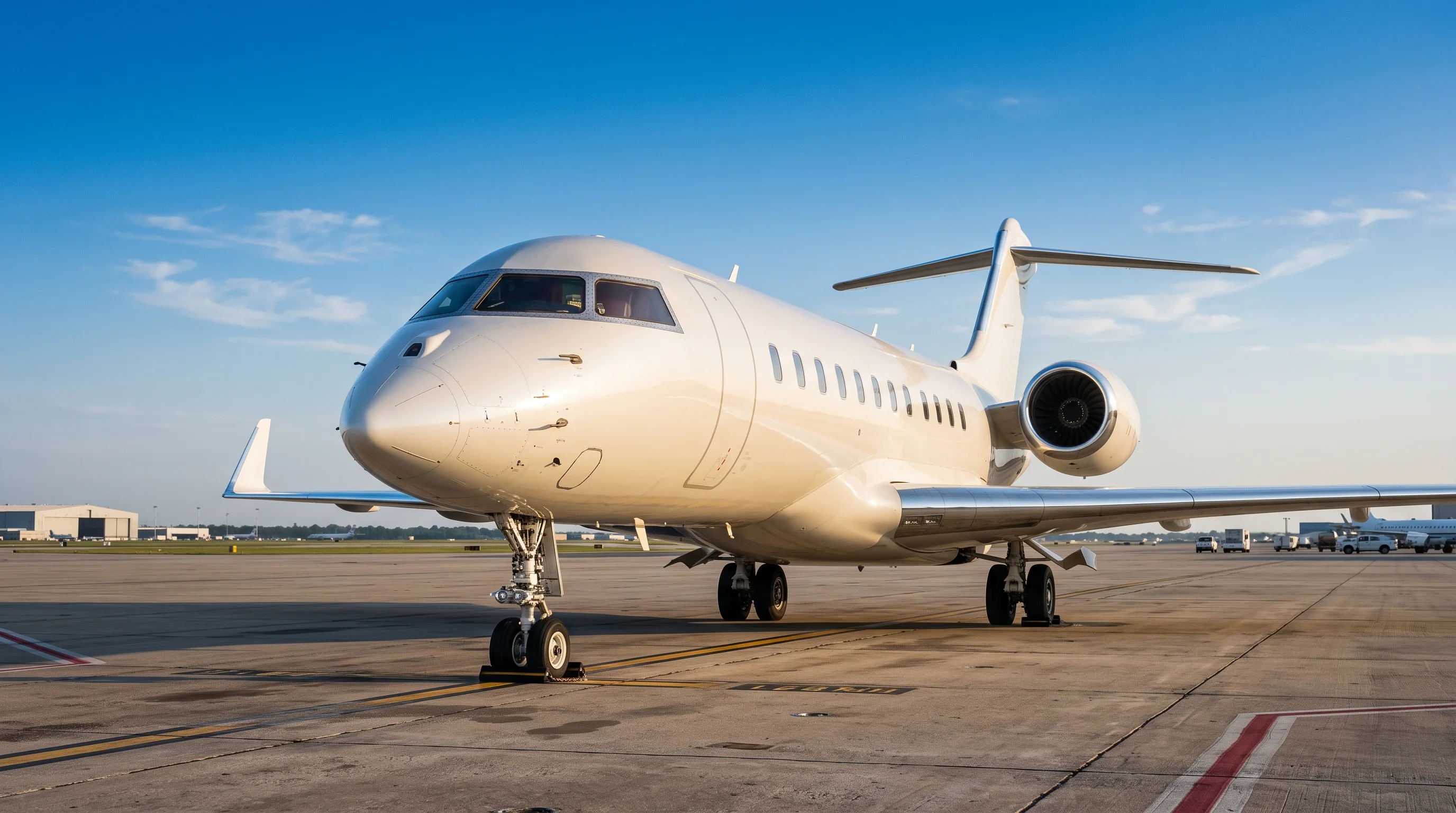 Jet privé sur le tarmac sous un ciel bleu