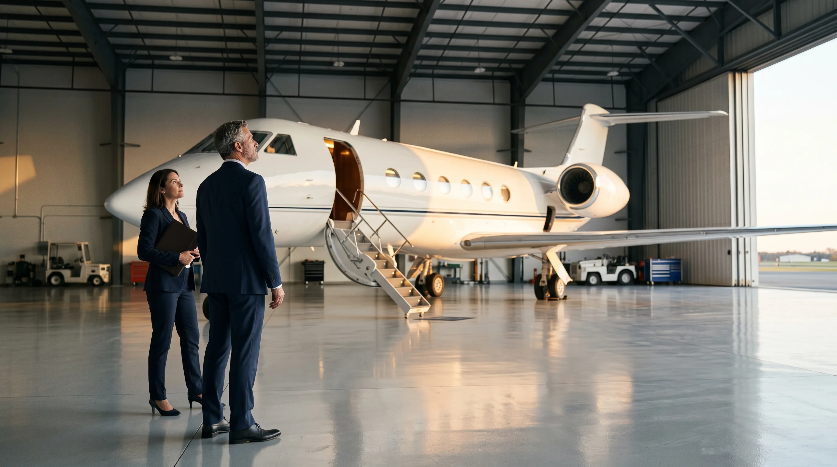 Propriétaire découvrant son jet dans un hangar le jour de la livraison